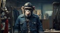 Photorealistic Portrait Of Monkey In Denim Shirt Standing In Closet