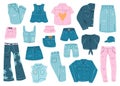 Denim clothes. Blue jean garments, denim shirt, jacket, shorts and jeans pants, denim casual clothes. Trendy denim Royalty Free Stock Photo