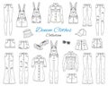 Denim clothes collection. Vector sketch illustration.