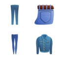 Denim clothes icons set cartoon vector. Basic wardrobe element