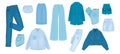 Denim clothes isolated set. Jeans style trench and skirt, pants, shirt and shorts. Trendy wear, casual fashion jacket