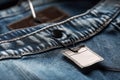 Denim clothing fabric close-up with cardboard price tag mockup. AI generated.