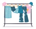 Denim clothing. Jeans garments hanging on hanger, trendy casual cotton apparel. Stylish denim wardrobe vector symbols