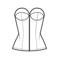 Denim corset top bustier technical fashion illustration with basque, strapless, zip-up closure, cups, fitted body. Flat