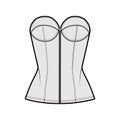 Denim corset top bustier technical fashion illustration with basque, strapless, zip-up closure, cups, fitted body. Flat