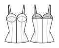 Denim corset top bustier technical fashion illustration with basque, thin straps, zip-up closure, cups, fitted body.