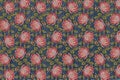 denim fabric with a pattern of pink embroidered roses Royalty Free Stock Photo