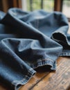 Denim fabric samples displaying various washes and textures on a wooden surface Royalty Free Stock Photo