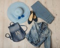 Denim fashion set - clothes, shoes and accessories.