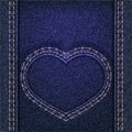 Denim heart sewn on jeans backdrop. Valentines day background.