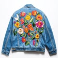 A denim jacket adorned with vibrant floral embroidery on the back Royalty Free Stock Photo