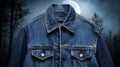 A denim jacket on a hanger against a backdrop of a full moon, trees, and more trees with a prominent full moon Royalty Free Stock Photo
