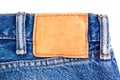 Denim jeans background with blank leather label. Royalty Free Stock Photo