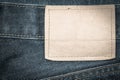 Denim jeans fabric texture background with blank leather label f Royalty Free Stock Photo