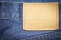 Denim jeans fabric texture or denim jeans background with blank leather label. Royalty Free Stock Photo