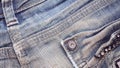 Denim jeans fabric texture with seam, studs and pocket. Royalty Free Stock Photo