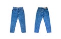 Denim jeans mom fit isolated on white background. Jeans with high waist. Front and back view