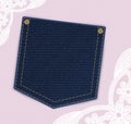 Denim jeans pocket with price or invitation label on the lace background. Royalty Free Stock Photo