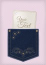 Denim jeans pocket with price or invitation label on the lace background.