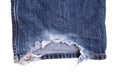 Denim Jeans Ripped Destroyed Torn Blue Patch isolated on white background with empty copy space Royalty Free Stock Photo