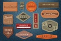 Denim labels. Graphic leather badge and textured background, authentic embroidery typography jeans clothes fashion print
