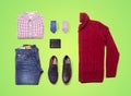 Denim layout clothes on green blackboard. Royalty Free Stock Photo