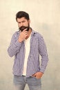 Denim look. Male casual fashion style. barber care for real men. brutal hipster with mustache. Mature hipster with beard Royalty Free Stock Photo