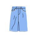 Denim midi skirt. Fashion women jeans clothes with pockets and stitches. Modern casual apparel item. Flat vector