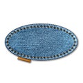 Denim oval shape with stitches. Jeans patch with seam.