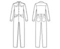 Denim overall jumpsuit Dungaree technical fashion illustration with full length, button closure, long sleeves Royalty Free Stock Photo