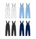 Denim overall jumpsuit vector template illustration set