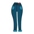 Denim pants jeans . Fashionable clothes for women. Casual blue textile apparel and attire factory trousers with patches and pocket