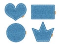 Denim patches in different shapes - heart, crown, circle, rectangle. Blue jeans pieces or badges with white stitch
