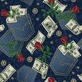 Denim pattern with back pocket, dollar notes roses