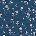 Denim pattern with small pink flowers and buds on a blue background with texture. Seamless vector with cute floral