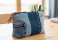 Denim pencil case with patchwork design, Royalty Free Stock Photo