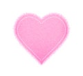 Denim pink heart shape with seam. Torn jean patch with stitches. Vector realistic illustration on white background