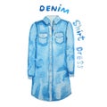 Denim shirt dress. Hand drawn watercolor illustration.