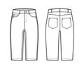 Denim short pants technical fashion illustration with knee length, low waist, rise, curved, coin, angled 5 pockets.