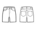 Denim short pants technical fashion illustration with mid-thigh length, low waist, rise, curved, coin, angled 5 pockets.