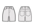 Denim short pants technical fashion illustration with mid-thigh length, normal waist, high rise, curved 5 pockets.