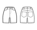 Denim short pants technical fashion illustration with mid-thigh length, normal waist, high rise, curved 5 pockets.