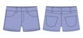 Denim short with pockets technical sketch. Cool blue color. Kids jeans shorts design template