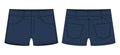 Denim short with pockets technical sketch. Dark blue color. Kids jeans shorts design template