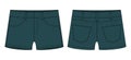 Denim short with pockets technical sketch. Dark green color. Kids jeans shorts design template