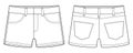 Denim short with pockets technical sketch. Kids jeans shorts design template