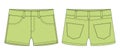 Denim short with pockets technical sketch. Light green color. Kids jeans shorts design template
