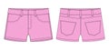 Denim short with pockets technical sketch. Pink color. Kids jeans shorts design template