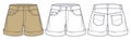 Denim Shorts technical fashion illustration. Cuffed Short Pants fashion flat technical drawing template, front, back view, white