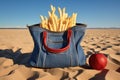 a denim shoulder bag with french fries sticking out on a sandy beach